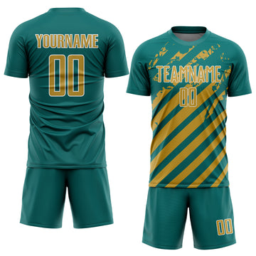 Custom Teal Old Gold-White Distressed Diagonal Stripe Pattern Sports Sublimation Soccer Uniform Jersey