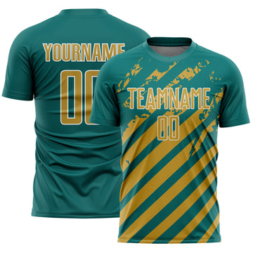 Custom Teal Old Gold-White Distressed Diagonal Stripe Pattern Sports Sublimation Soccer Uniform Jersey