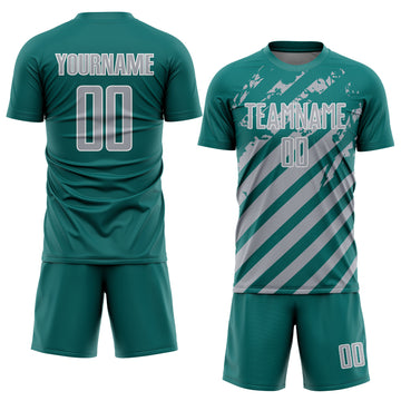 Custom Teal Gray-White Distressed Diagonal Stripe Pattern Sports Sublimation Soccer Uniform Jersey