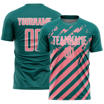 Custom Teal Medium Pink-White Distressed Diagonal Stripe Pattern Sports Sublimation Soccer Uniform Jersey