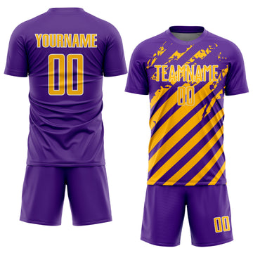 Custom Purple Gold-White Distressed Diagonal Stripe Pattern Sports Sublimation Soccer Uniform Jersey