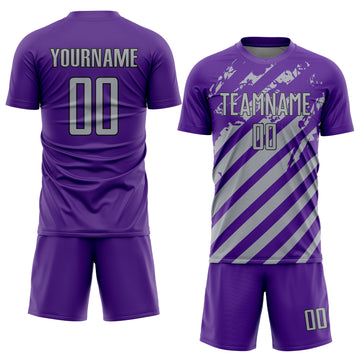Custom Purple Gray-Black Distressed Diagonal Stripe Pattern Sports Sublimation Soccer Uniform Jersey