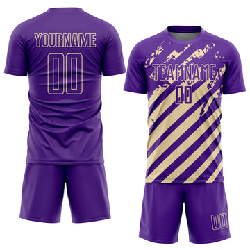 Custom Purple Cream Distressed Diagonal Stripe Pattern Sports Sublimation Soccer Uniform Jersey
