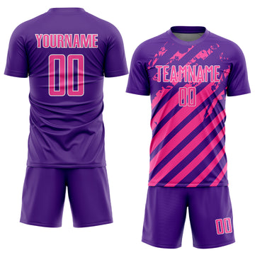 Custom Purple Pink-White Distressed Diagonal Stripe Pattern Sports Sublimation Soccer Uniform Jersey