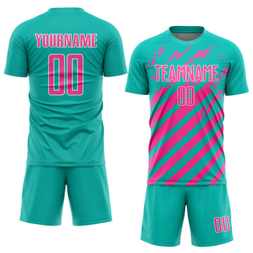 Custom Aqua Pink-White Distressed Diagonal Stripe Pattern Sports Sublimation Soccer Uniform Jersey