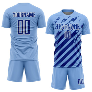Custom Light Blue Royal-White Distressed Diagonal Stripe Pattern Sports Sublimation Soccer Uniform Jersey