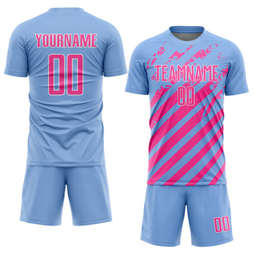 Custom Light Blue Pink-White Distressed Diagonal Stripe Pattern Sports Sublimation Soccer Uniform Jersey