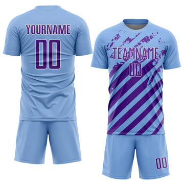 Custom Light Blue Purple-White Distressed Diagonal Stripe Pattern Sports Sublimation Soccer Uniform Jersey