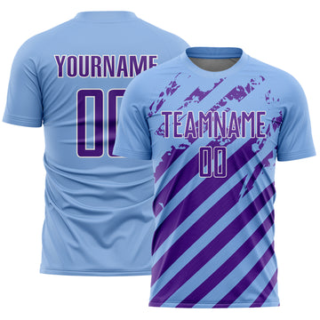 Custom Light Blue Purple-White Distressed Diagonal Stripe Pattern Sports Sublimation Soccer Uniform Jersey