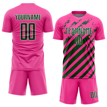 Custom Pink Green-White Distressed Diagonal Stripe Pattern Sports Sublimation Soccer Uniform Jersey