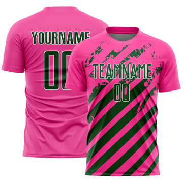 Custom Pink Green-White Distressed Diagonal Stripe Pattern Sports Sublimation Soccer Uniform Jersey