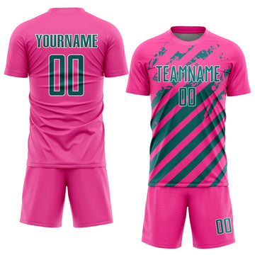 Custom Pink Teal-White Distressed Diagonal Stripe Pattern Sports Sublimation Soccer Uniform Jersey