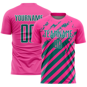 Custom Pink Teal-White Distressed Diagonal Stripe Pattern Sports Sublimation Soccer Uniform Jersey