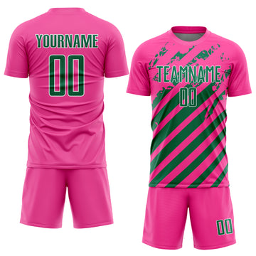 Custom Pink Kelly Green-White Distressed Diagonal Stripe Pattern Sports Sublimation Soccer Uniform Jersey
