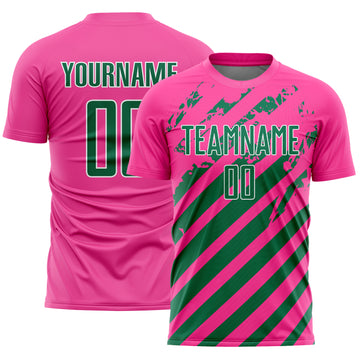 Custom Pink Kelly Green-White Distressed Diagonal Stripe Pattern Sports Sublimation Soccer Uniform Jersey