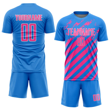 Custom Powder Blue Pink-White Distressed Diagonal Stripe Pattern Sports Sublimation Soccer Uniform Jersey