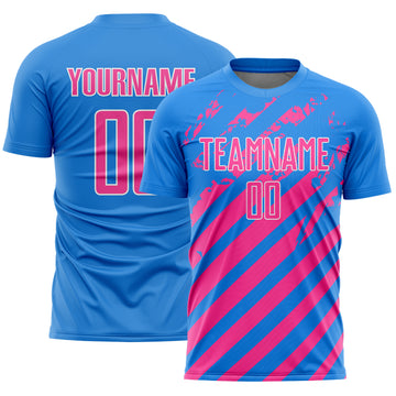 Custom Powder Blue Pink-White Distressed Diagonal Stripe Pattern Sports Sublimation Soccer Uniform Jersey