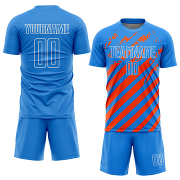Custom Powder Blue White-Orange Distressed Diagonal Stripe Pattern Sports Sublimation Soccer Uniform Jersey