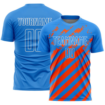 Custom Powder Blue White-Orange Distressed Diagonal Stripe Pattern Sports Sublimation Soccer Uniform Jersey