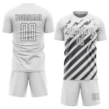 Custom White Steel Gray Distressed Diagonal Stripe Pattern Sports Sublimation Soccer Uniform Jersey