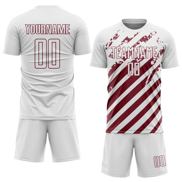 Custom White Burgundy Distressed Diagonal Stripe Pattern Sports Sublimation Soccer Uniform Jersey