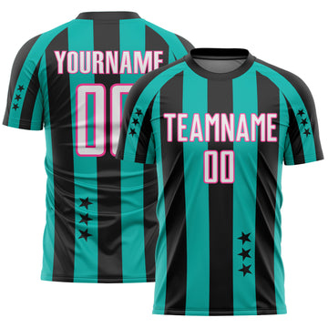 Custom Black White Aqua-Pink Stars And Stripes Sports Sublimation Soccer Uniform Jersey