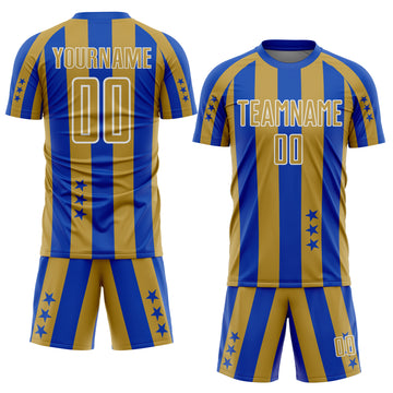 Custom Thunder Blue Old Gold-White Stars And Stripes Sports Sublimation Soccer Uniform Jersey