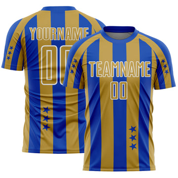 Custom Thunder Blue Old Gold-White Stars And Stripes Sports Sublimation Soccer Uniform Jersey