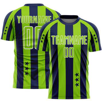 Custom Navy Neon Green-White Stars And Stripes Sports Sublimation Soccer Uniform Jersey