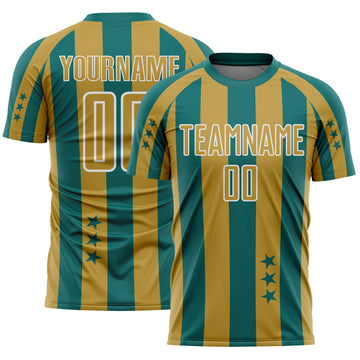 Custom Teal Old Gold-White Stars And Stripes Sports Sublimation Soccer Uniform Jersey