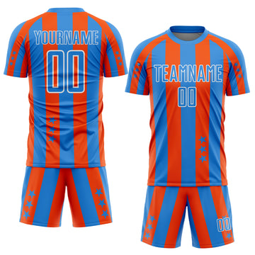 Custom Powder Blue Orange-White Stars And Stripes Sports Sublimation Soccer Uniform Jersey
