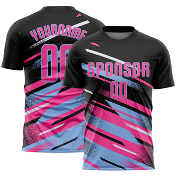 Custom Black Pink Light Blue-White Grunge Stripe And Grainy Sports Sublimation Soccer Uniform Jersey