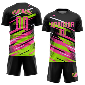 Custom Black Pink Neon Green-White Grunge Stripe And Grainy Sports Sublimation Soccer Uniform Jersey