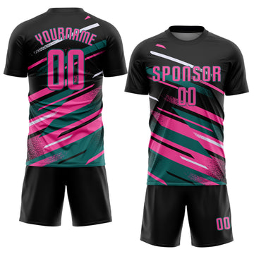 Custom Black Pink Teal-White Grunge Stripe And Grainy Sports Sublimation Soccer Uniform Jersey