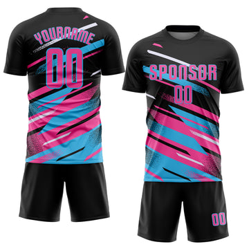Custom Black Pink Sky Blue-White Grunge Stripe And Grainy Sports Sublimation Soccer Uniform Jersey