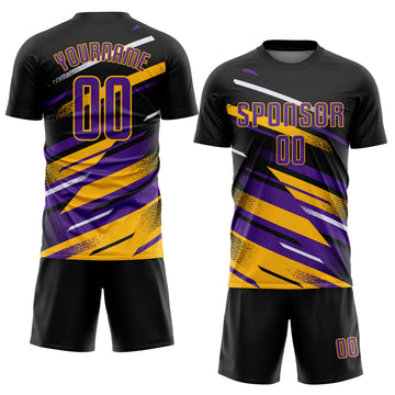 Custom Black Purple Gold-White Grunge Stripe And Grainy Sports Sublimation Soccer Uniform Jersey