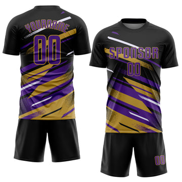Custom Black Purple Old Gold-White Grunge Stripe And Grainy Sports Sublimation Soccer Uniform Jersey