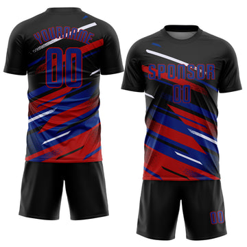 Custom Black Royal Red-White Grunge Stripe And Grainy Sports Sublimation Soccer Uniform Jersey