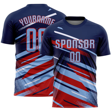 Custom Navy Light Blue Red-White Grunge Stripe And Grainy Sports Sublimation Soccer Uniform Jersey