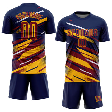 Custom Navy Crimson Gold-White Grunge Stripe And Grainy Sports Sublimation Soccer Uniform Jersey