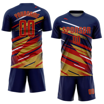 Custom Navy Red Old Gold-White Grunge Stripe And Grainy Sports Sublimation Soccer Uniform Jersey