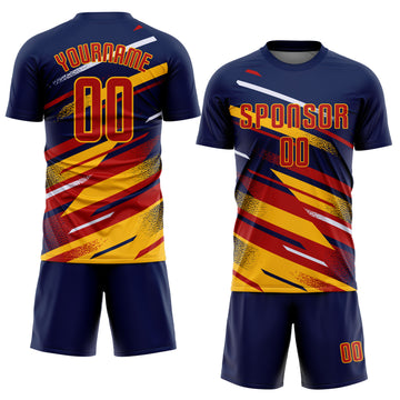 Custom Navy Red Gold-White Grunge Stripe And Grainy Sports Sublimation Soccer Uniform Jersey