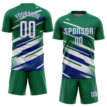 Custom Kelly Green White-Royal Grunge Stripe And Grainy Sports Sublimation Soccer Uniform Jersey