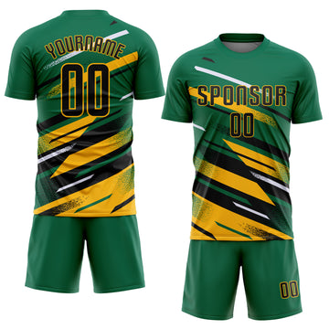 Custom Kelly Green Black Gold-White Grunge Stripe And Grainy Sports Sublimation Soccer Uniform Jersey
