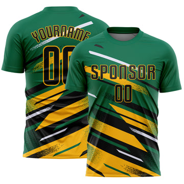 Custom Kelly Green Black Gold-White Grunge Stripe And Grainy Sports Sublimation Soccer Uniform Jersey