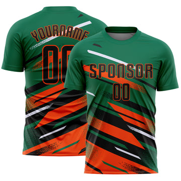 Custom Kelly Green Black Orange-White Grunge Stripe And Grainy Sports Sublimation Soccer Uniform Jersey