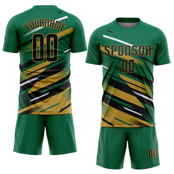 Custom Kelly Green Black Old Gold-White Grunge Stripe And Grainy Sports Sublimation Soccer Uniform Jersey