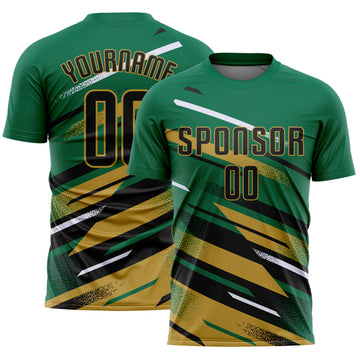 Custom Kelly Green Black Old Gold-White Grunge Stripe And Grainy Sports Sublimation Soccer Uniform Jersey