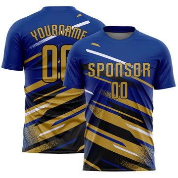 Custom Royal Old Gold Black-White Grunge Stripe And Grainy Sports Sublimation Soccer Uniform Jersey