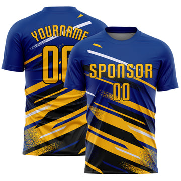 Custom Royal Gold Black-White Grunge Stripe And Grainy Sports Sublimation Soccer Uniform Jersey